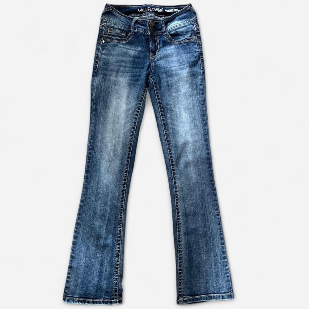 Wallflower Women's Y2k Low Rise Blue Flare Jeans